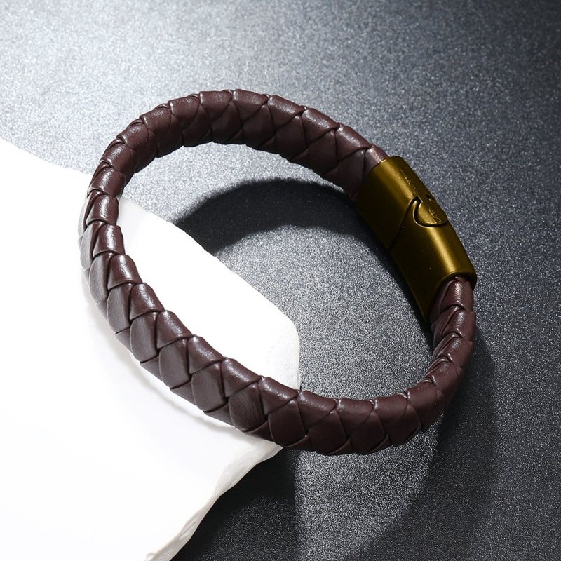 Bransoletka męska skórzana pozłacana brązowa magnetyczna stal chirurgiczna 316l