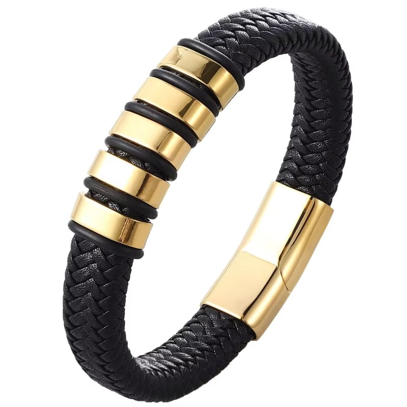 Bransoletka męska skórzana pozłacana magnetyczna czarna stal chirurgiczna 316l
