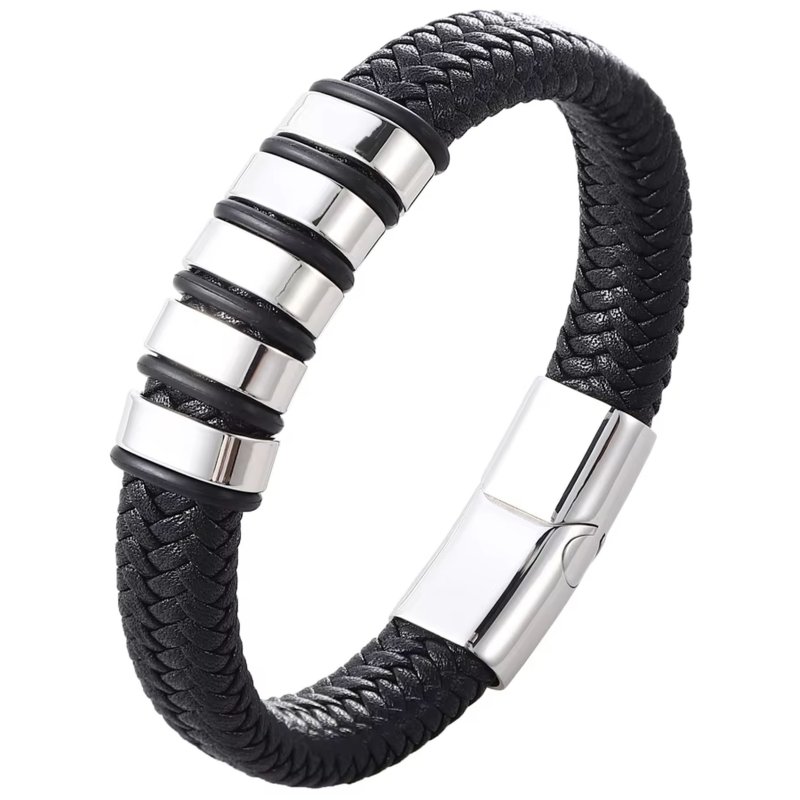 Srebrna bransoletka męska skórzana magnetyczna czarna stal chirurgiczna 316l