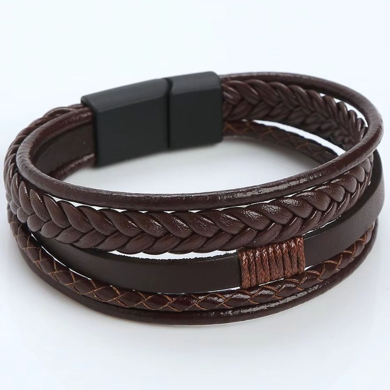 Bransoletka męska skórzana brązowa pleciona stal