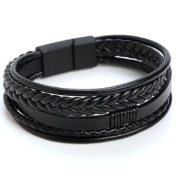 Bransoletka męska skórzana czarna pleciona stal szlachetna chirurgiczna 316l