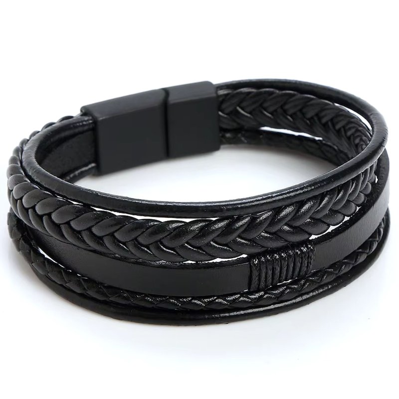 Bransoletka męska skórzana czarna pleciona stal szlachetna chirurgiczna 316l