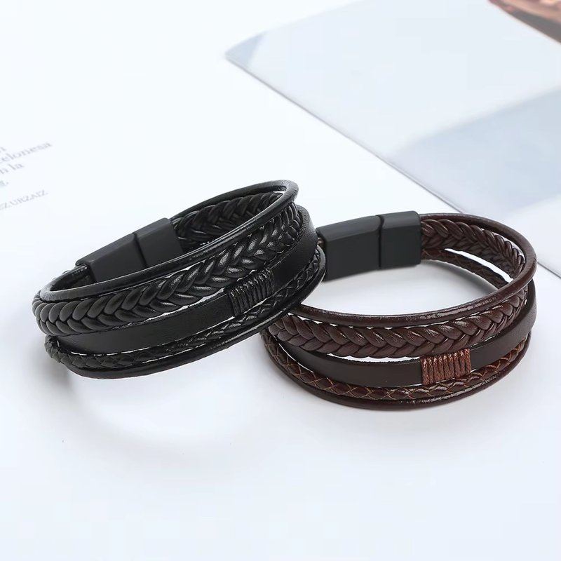 Bransoletka męska skórzana czarna pleciona stal szlachetna chirurgiczna 316l