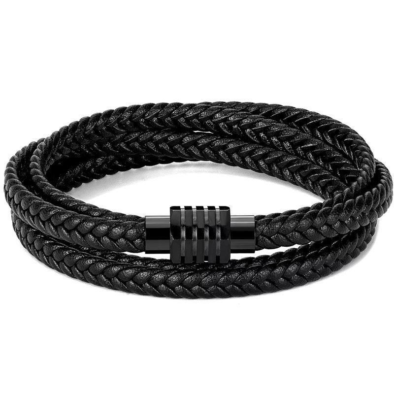 Bransoletka męska skórzana czarna skóra na magnez stal chirurgiczna 316l