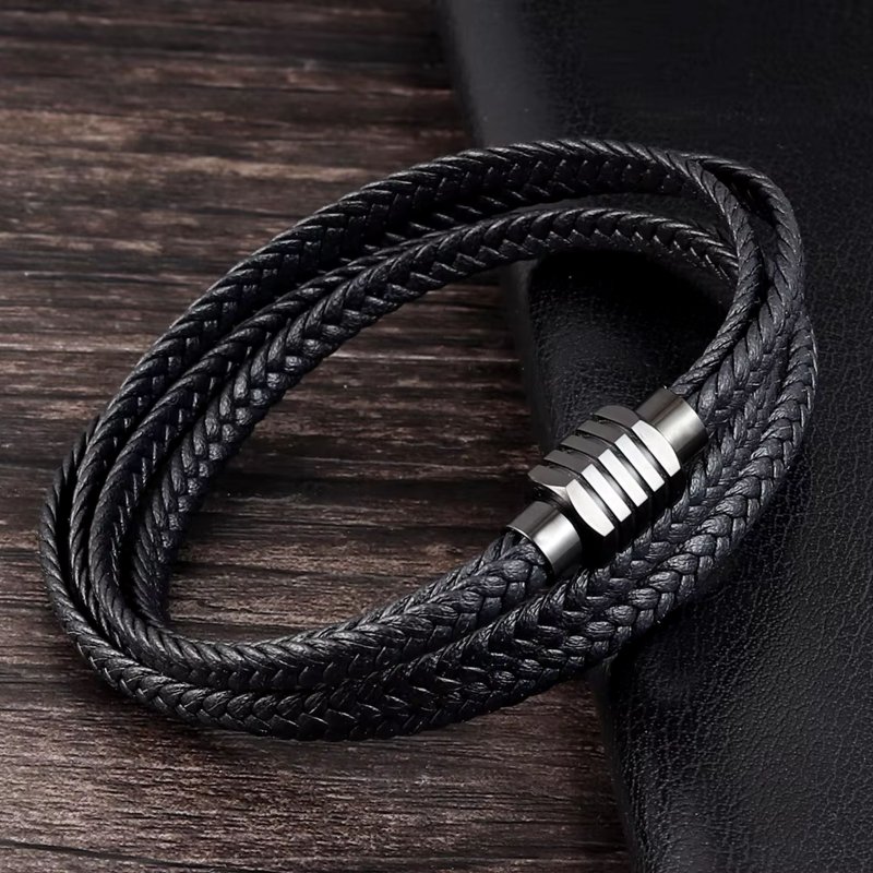 Bransoletka męska skórzana czarna skóra na magnez stal chirurgiczna 316l