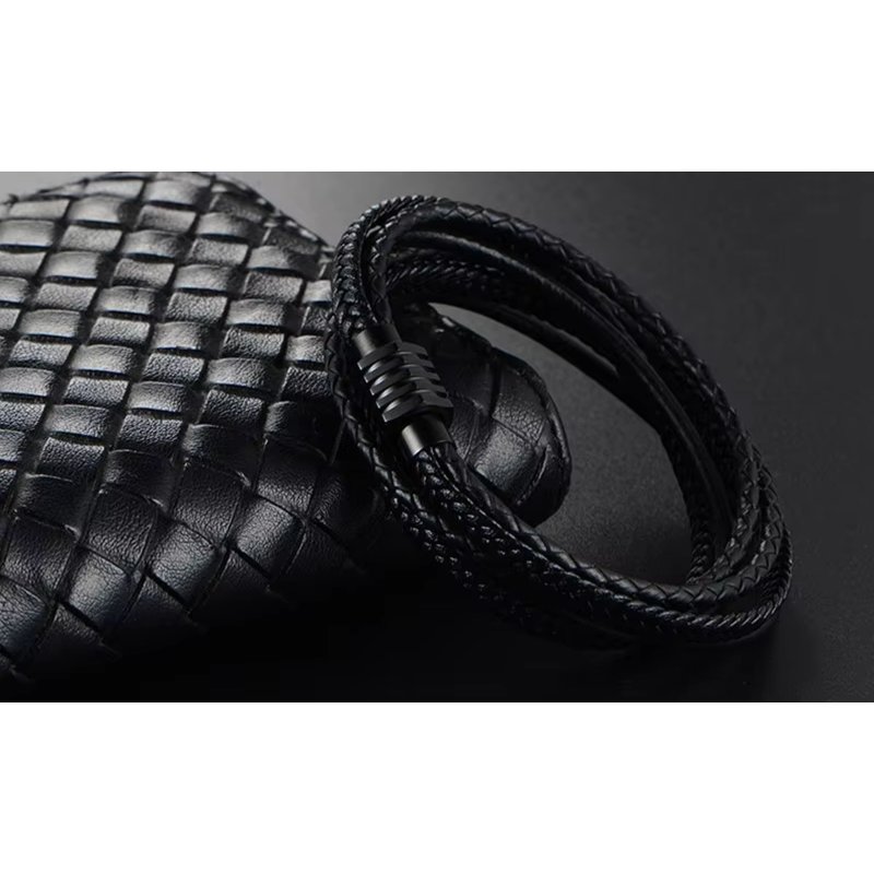 Bransoletka męska skórzana czarna skóra na magnez stal chirurgiczna 316l