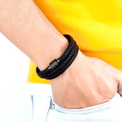 Bransoletka męska skórzana czarna skóra na magnez stal chirurgiczna 316l
