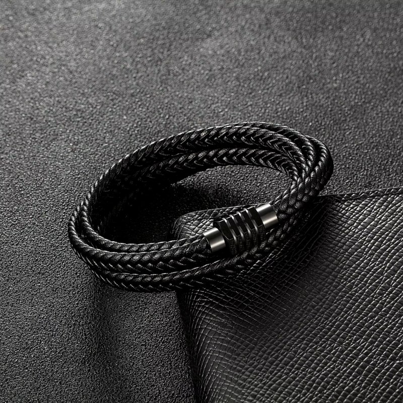 Bransoletka męska skórzana czarna skóra na magnez stal chirurgiczna 316l