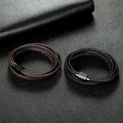 Bransoletka męska skórzana czarna skóra na magnez stal chirurgiczna 316l
