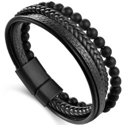 Bransoletka męska skórzana potrójna czarne koraliki stal chirurgiczna 316l