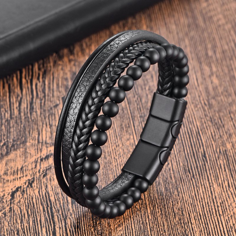Bransoletka męska skórzana potrójna czarne koraliki stal chirurgiczna 316l