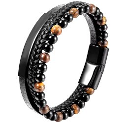 Bransoletka męska skórzana potrójna tygryskie oko koraliki stal szlachetna