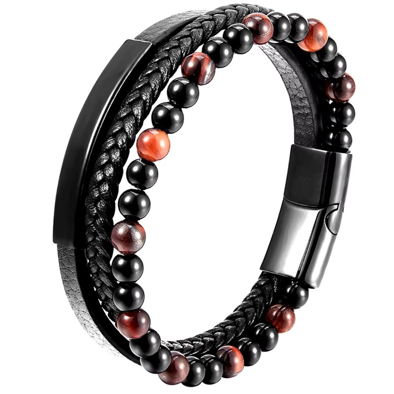 Bransoletka męska skórzana potrójna brązowe koraliki stal chrurgiczna 316l