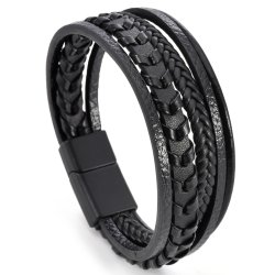 Bransoletka męska skórzana czarna potrójna rzemień stal