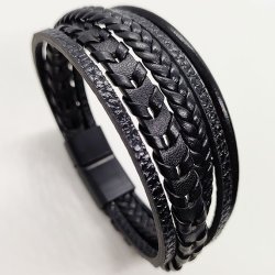 Bransoletka męska skórzana czarna potrójna rzemień stal