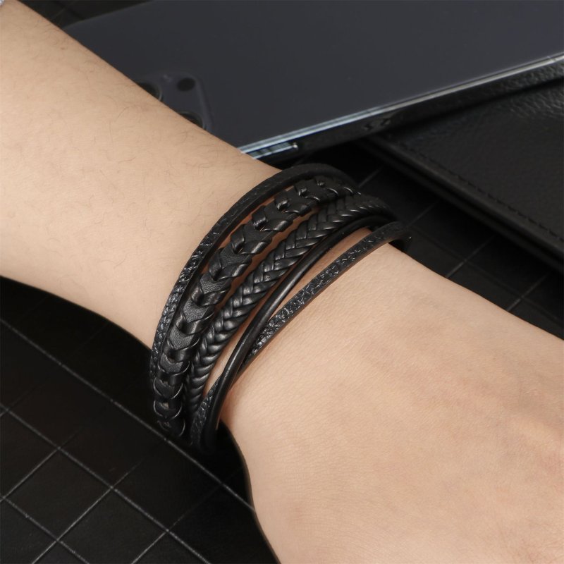 Bransoletka męska skórzana czarna potrójna rzemień stal