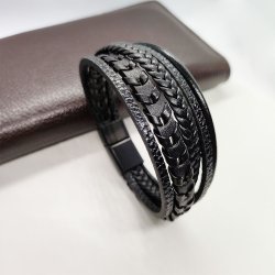 Bransoletka męska skórzana czarna potrójna rzemień stal