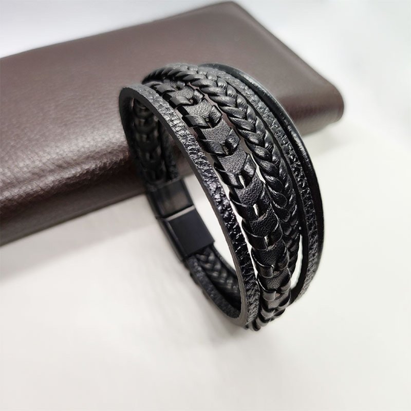 Bransoletka męska skórzana czarna potrójna rzemień stal