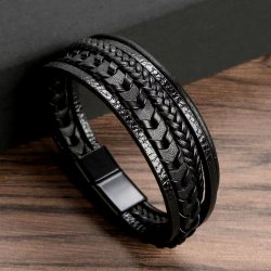 Bransoletka męska skórzana czarna potrójna rzemień stal