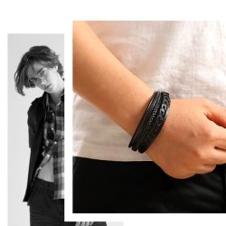 Bransoletka męska skórzana czarna potrójna rzemień stal