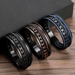Bransoletka męska skórzana czarna potrójna rzemień stal