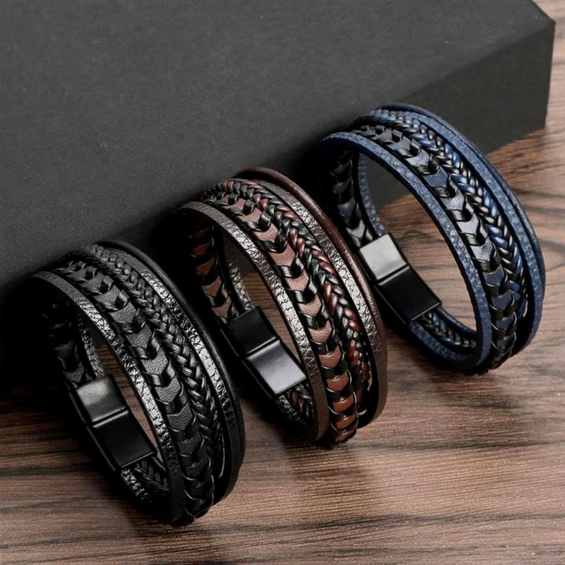 Bransoletka męska skórzana czarna potrójna rzemień stal