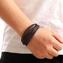 Bransoletka męska skórzana brązowa potrójna rzemień stal