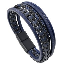 Bransoletka męska skórzana granatowa potrójna rzemień stal