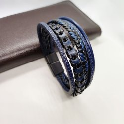 Bransoletka męska skórzana granatowa potrójna rzemień stal