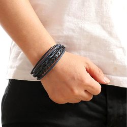 Bransoletka męska skórzana granatowa potrójna rzemień stal