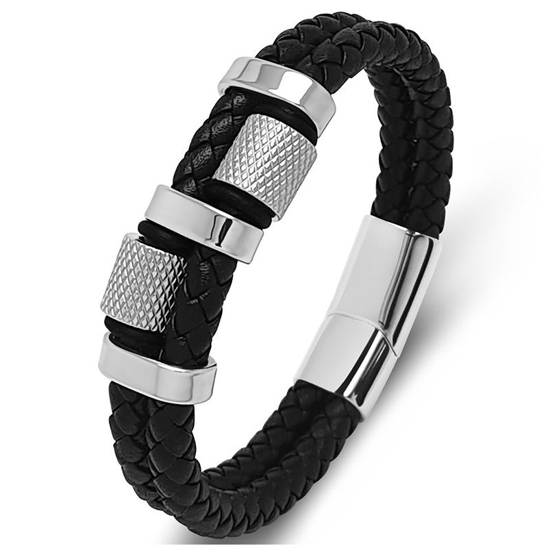 Bransoletka męska skórzana podwójna czarna mocna srebrna stal
