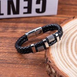Bransoletka męska skórzana podwójna czarna mocna srebrna stal