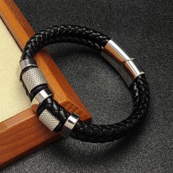 Bransoletka męska skórzana podwójna czarna mocna srebrna stal