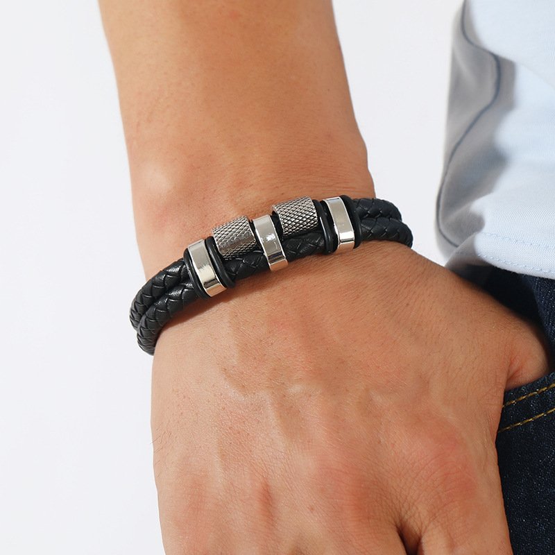 Bransoletka męska skórzana podwójna czarna mocna srebrna stal