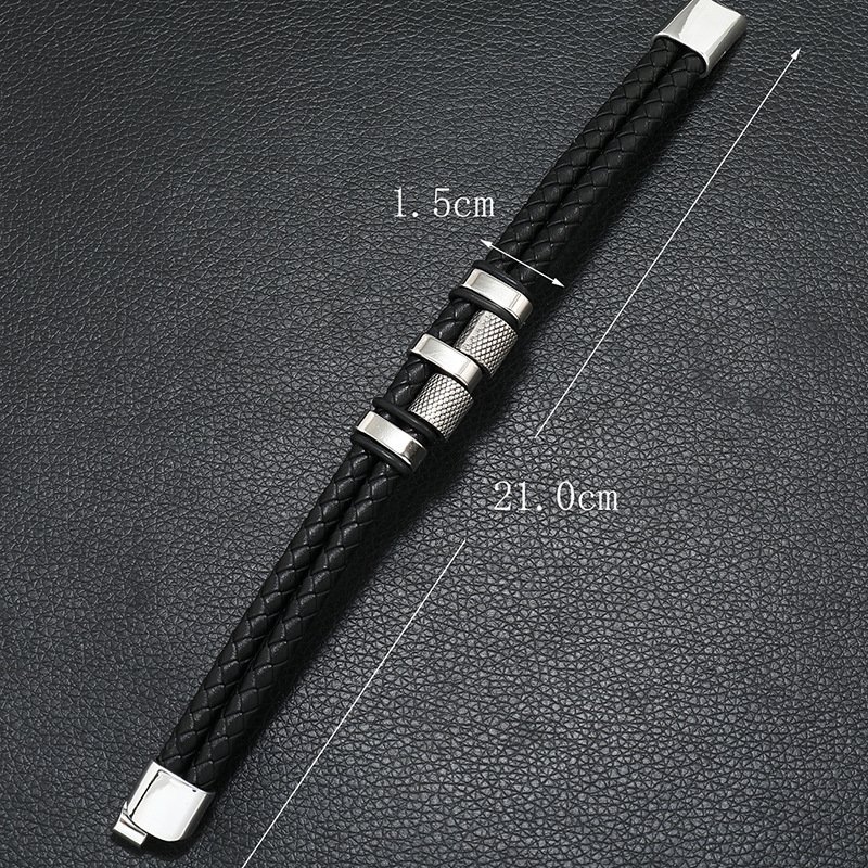 Bransoletka męska skórzana podwójna czarna mocna srebrna stal