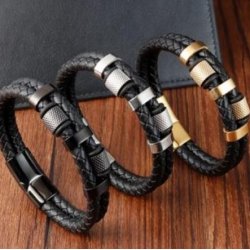 Bransoletka męska skórzana podwójna czarna mocna srebrna stal