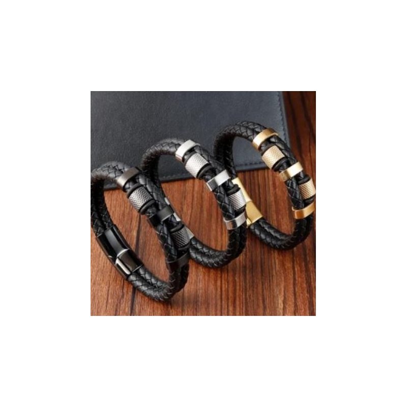 Bransoletka męska skórzana podwójna czarna mocna srebrna stal