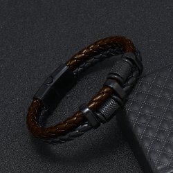 Bransoletka męska skórzana podwójna czarna brązowa mocna stal