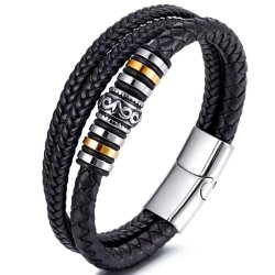 Bransoletka męska skórzana potrójna srebrna pozłacana mocna stal