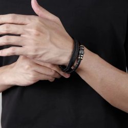 Bransoletka męska skórzana potrójna srebrna pozłacana mocna stal