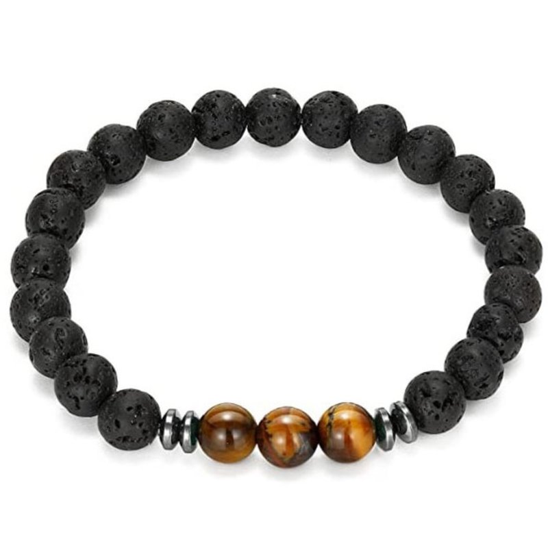 Bransoletka męska czarna potrójna lawa wulkaniczna onyks tygrysie oko stal