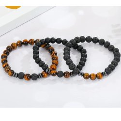 Bransoletka męska czarna potrójna lawa wulkaniczna onyks tygrysie oko stal