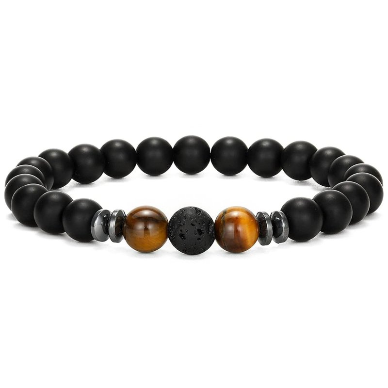 Bransoletka męska czarna potrójna lawa wulkaniczna onyks tygrysie oko stal