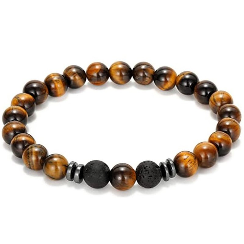 Bransoletka męska czarna potrójna lawa wulkaniczna onyks tygrysie oko stal