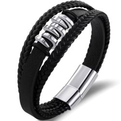 Bransoletka męska skórzana srebrna potrójna mocna dla taty stal