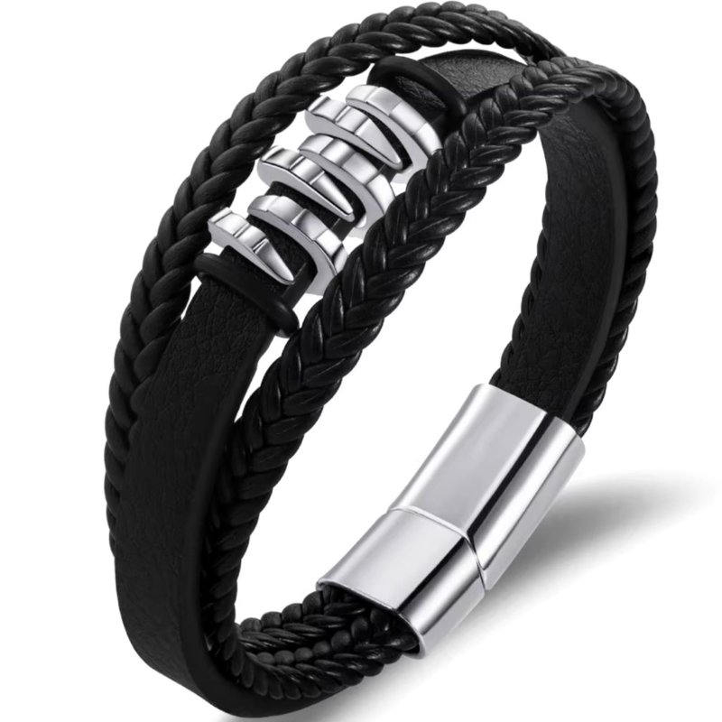 Bransoletka męska skórzana srebrna potrójna mocna dla taty stal