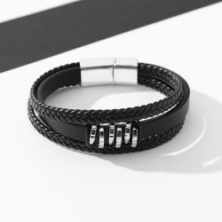 Bransoletka męska skórzana srebrna potrójna mocna dla taty stal