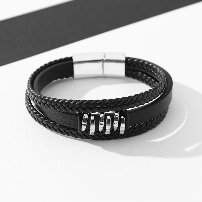 Bransoletka męska skórzana srebrna potrójna mocna dla taty stal