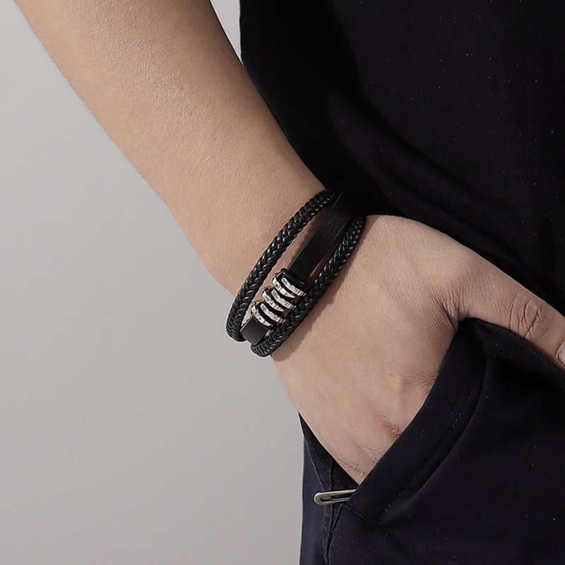 Bransoletka męska skórzana srebrna potrójna mocna dla taty stal