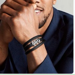 Bransoletka męska skórzana srebrna potrójna mocna dla taty stal